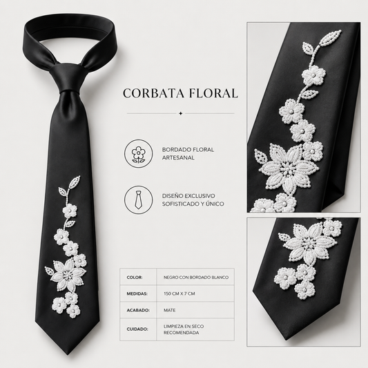 Corbata negra artesanal con bordado floral blanco, diseño exclusivo de autor de Paola Santos.