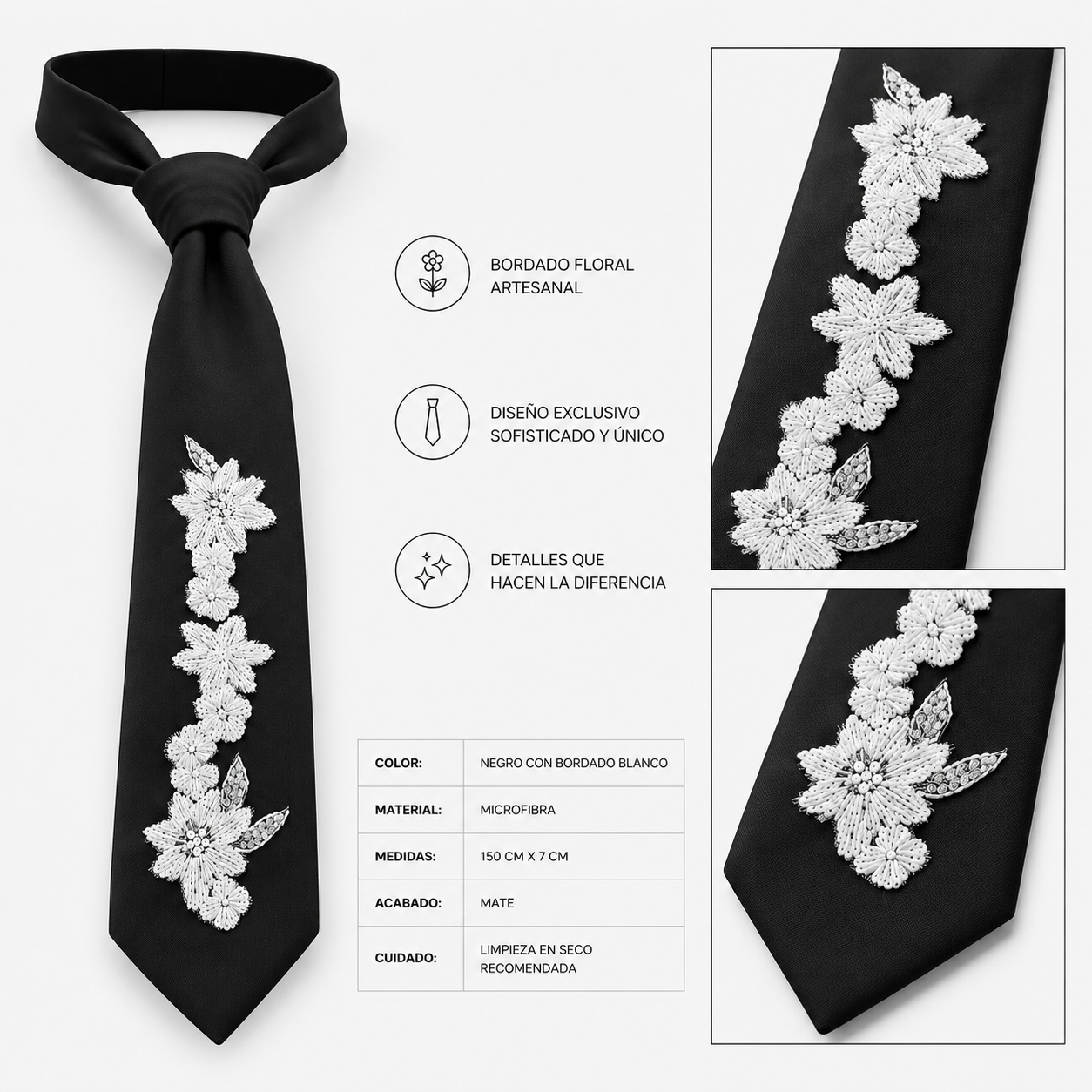Corbata negra con bordado floral blanco artesanal. Accesorio de diseño exclusivo realizado a mano por Paola Santos.