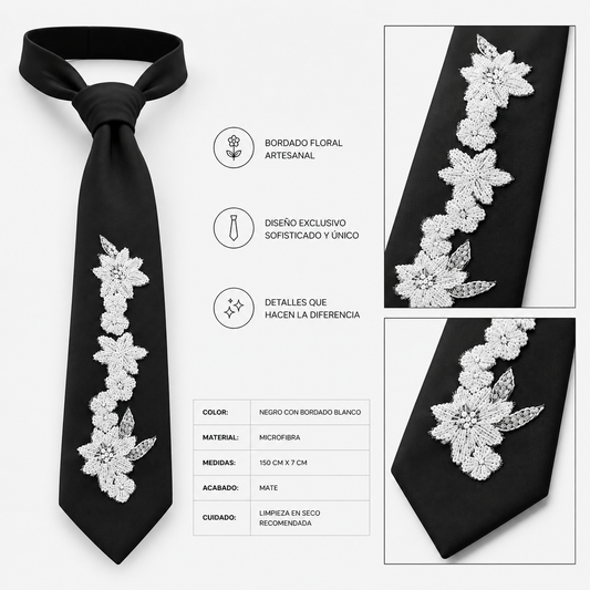 Corbata negra con bordado floral blanco artesanal. Accesorio de diseño exclusivo realizado a mano por Paola Santos.