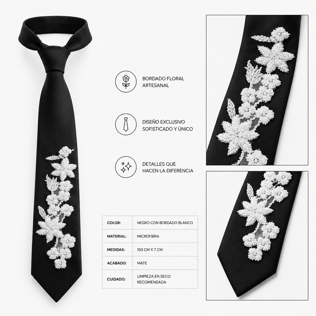 Corbata negra artesanal con bordado floral blanco realizado a mano. Diseño exclusivo de Paola Santos.