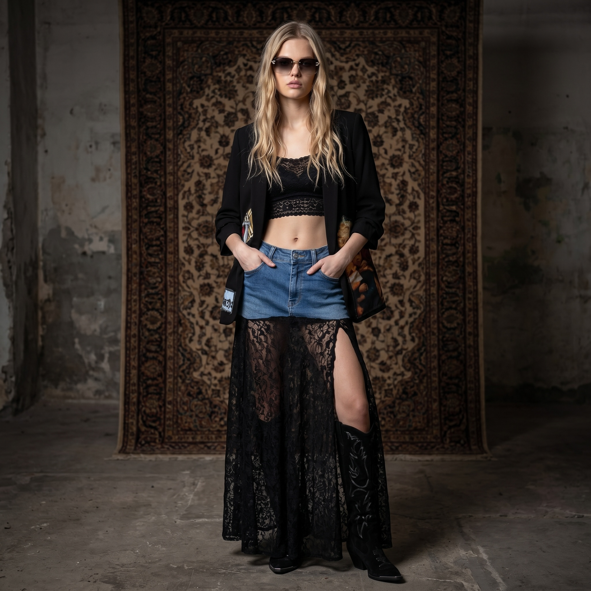 Falda larga de jean azul combinada con encaje negro transparente y abertura lateral, diseño urbano para mujer.