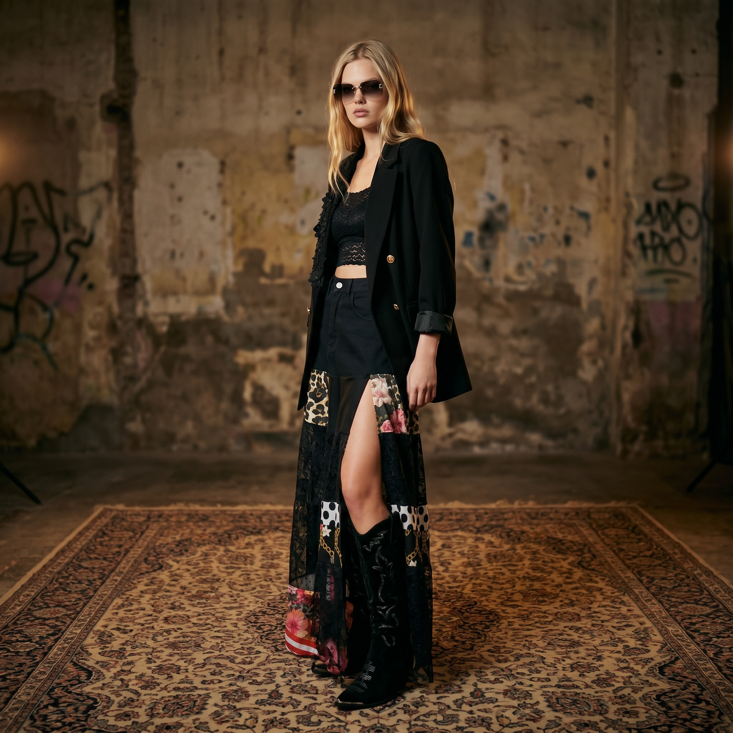 Falda larga de jean negro y encaje con paneles de estampado animal print, floral y lunares, diseño patchwork para mujer.