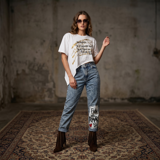 Jean mom nevado de tiro alto con spandex, intervenido y pintado a mano con diseño exclusivo "Fan del Amor" de Paola Santos. Pieza única de la colección Oportunidades.
