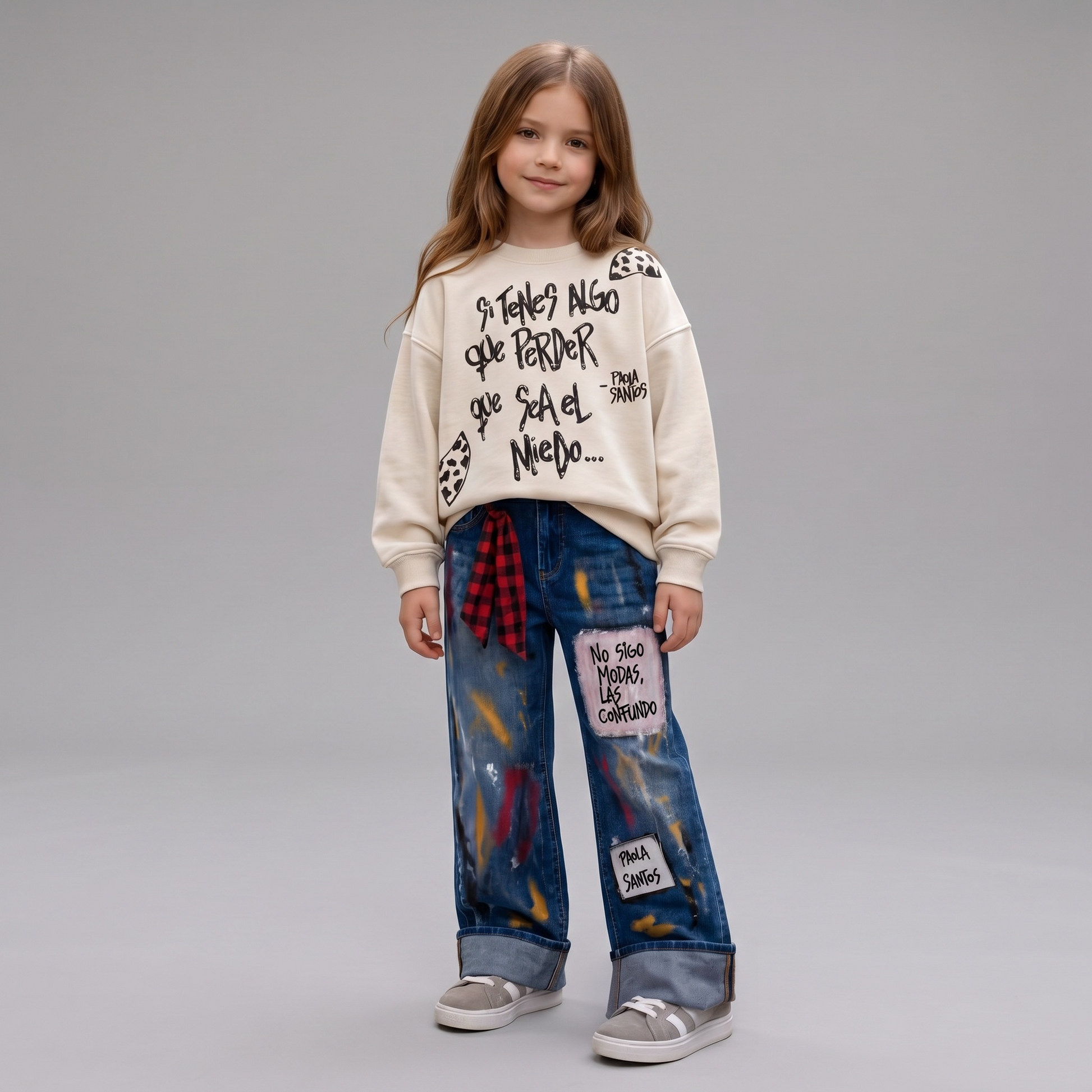 Jean Wide Fit para niña pintado a mano con cintura ajustable y diseño artístico exclusivo de Paola Santos, disponible a pedido en talles del 4 al 12 años.