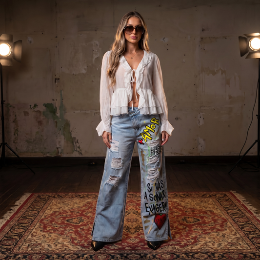 Jean wide leg de denim claro con cintura cruzada de cierre diagonal, intervenido y pintado a mano con la frase "Si vas a soñar, exagerá".