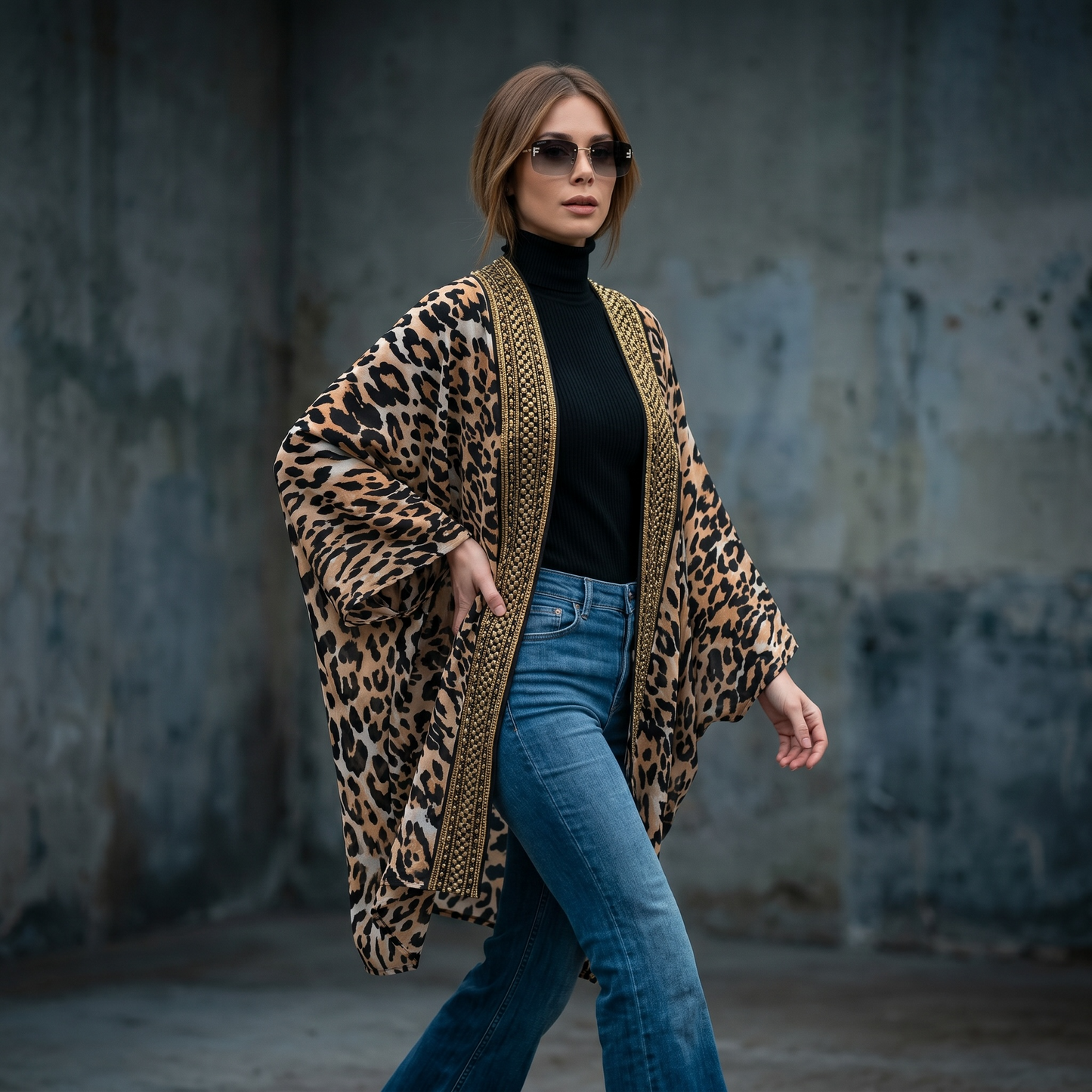 Kimono animal print de mujer con calce oversize y detalles decorativos dorados en delantero y espalda, prenda en liquidación Paola Santos.