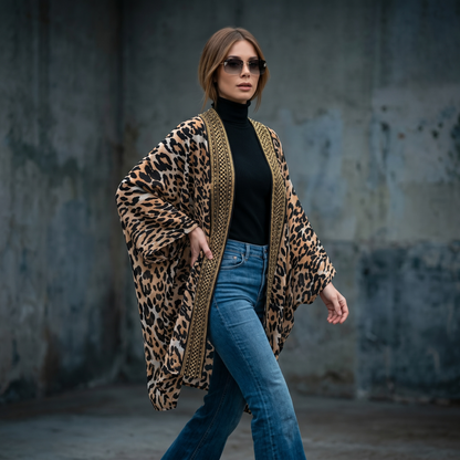 Kimono animal print de mujer con calce oversize y detalles decorativos dorados en delantero y espalda, prenda en liquidación Paola Santos.