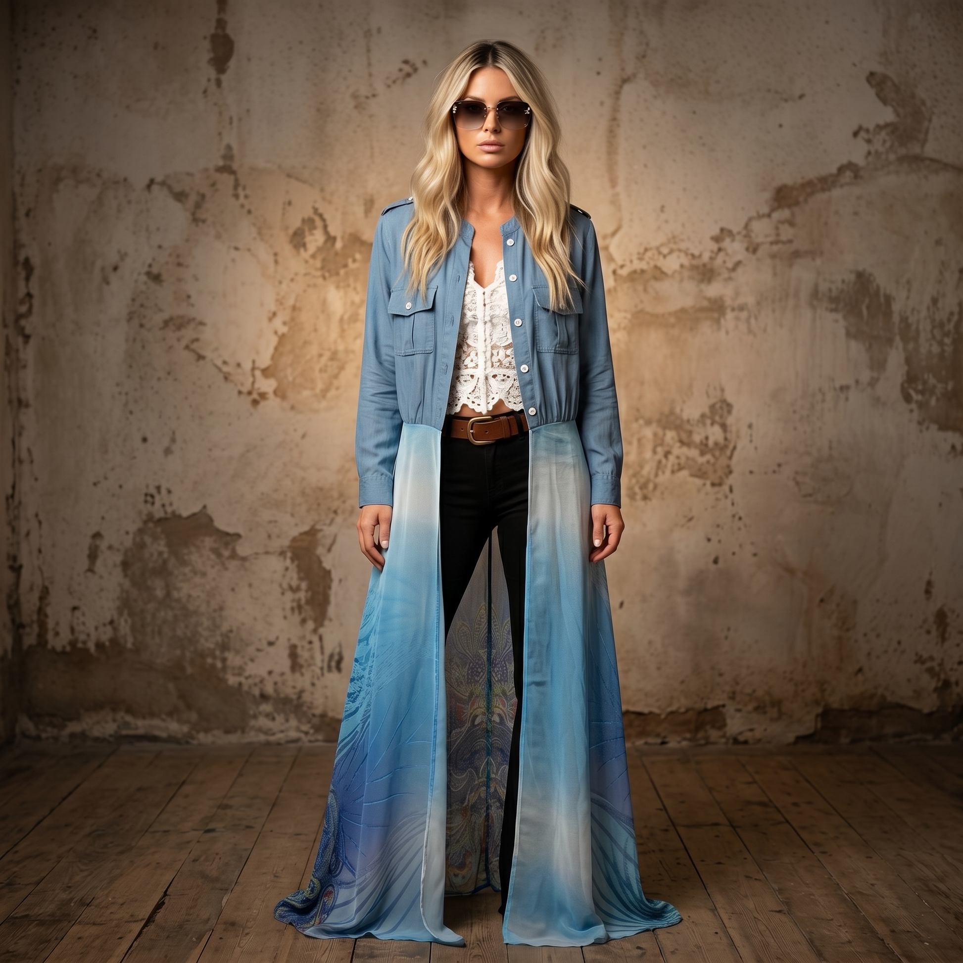 Kimono largo celeste con parte inferior de gasa estampada, prenda de mujer en liquidación Paola Santos.

