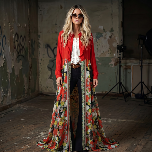 Kimono largo rojo con parte inferior de gasa estampada floral, prenda de mujer en liquidación Paola Santos.