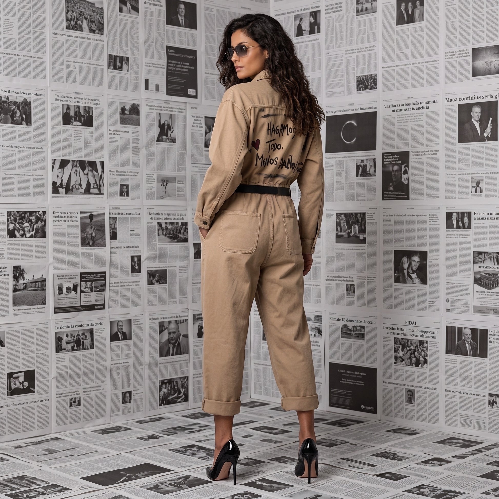 Mono beige Paola Santos de manga larga con frase Hagamos todo menos daño y corazón en la espalda.