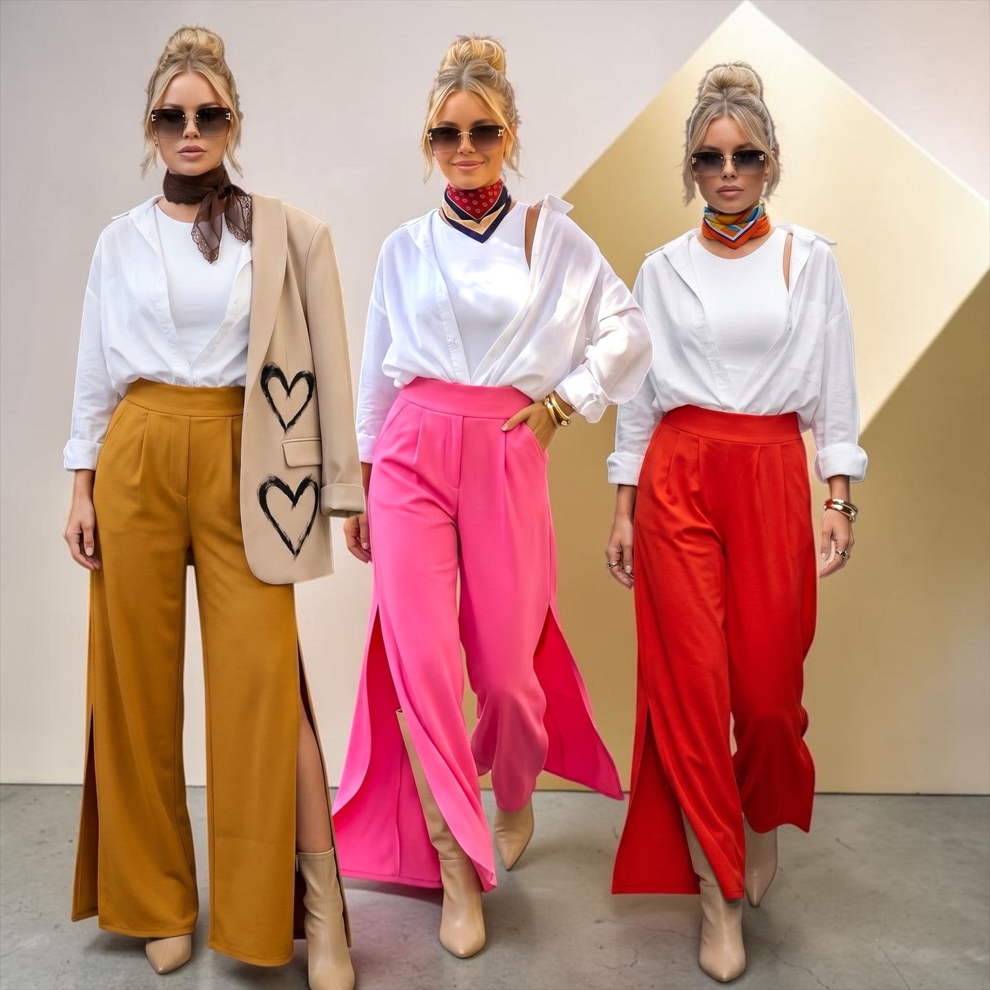 Pantalón palazzo de punto crepe elastizado con cintura alta y aberturas laterales, disponible en rojo, rosa y mostaza. Últimas unidades en talle 2 (L/XL).