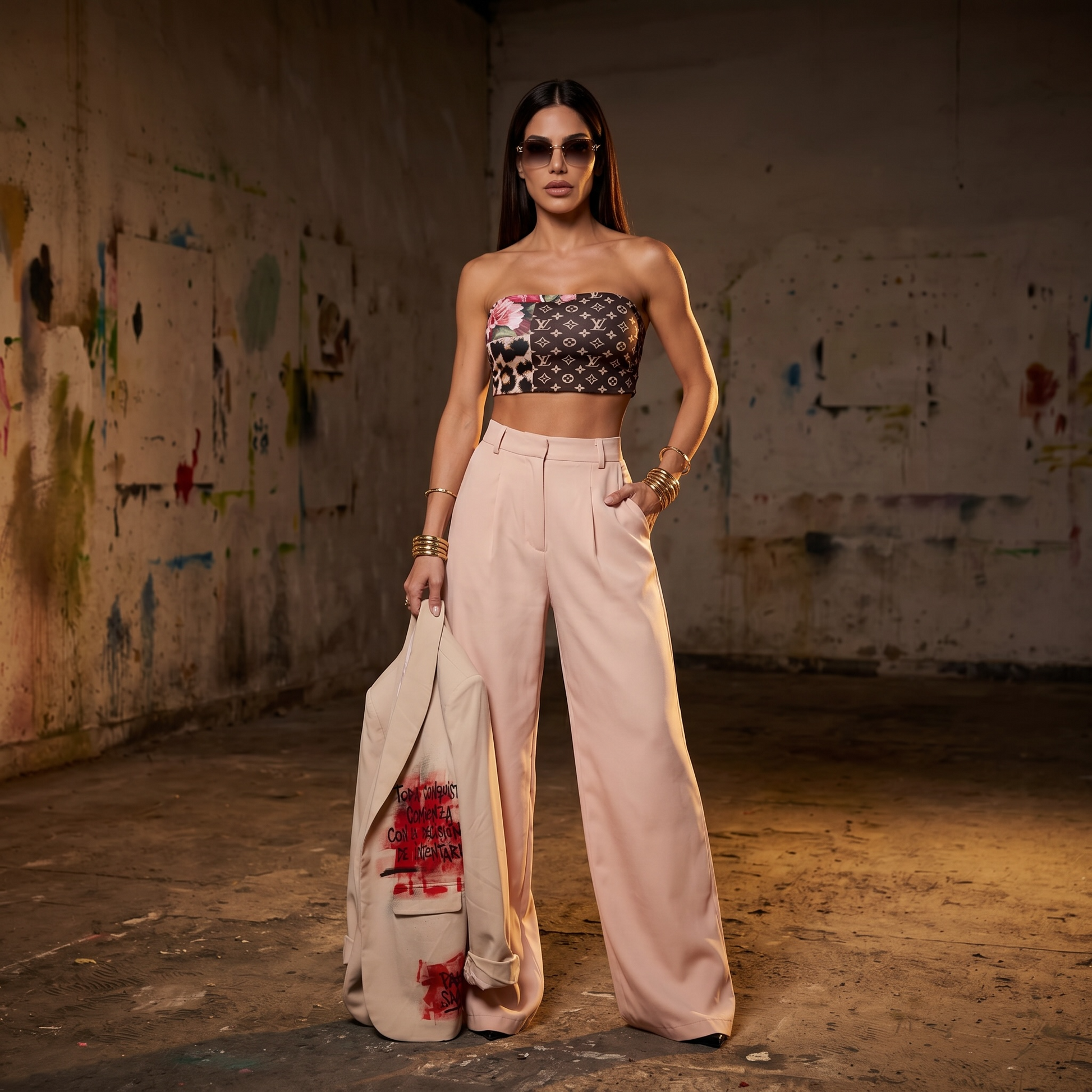 Pantalón sastrero beige claro de tiro alto y pierna wide leg para mujer, última unidad talle S en liquidación Paola Santos.