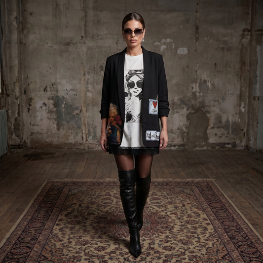 Remera oversize blanca para mujer con estampa gráfica en blanco y negro y terminación de encaje negro en el ruedo.