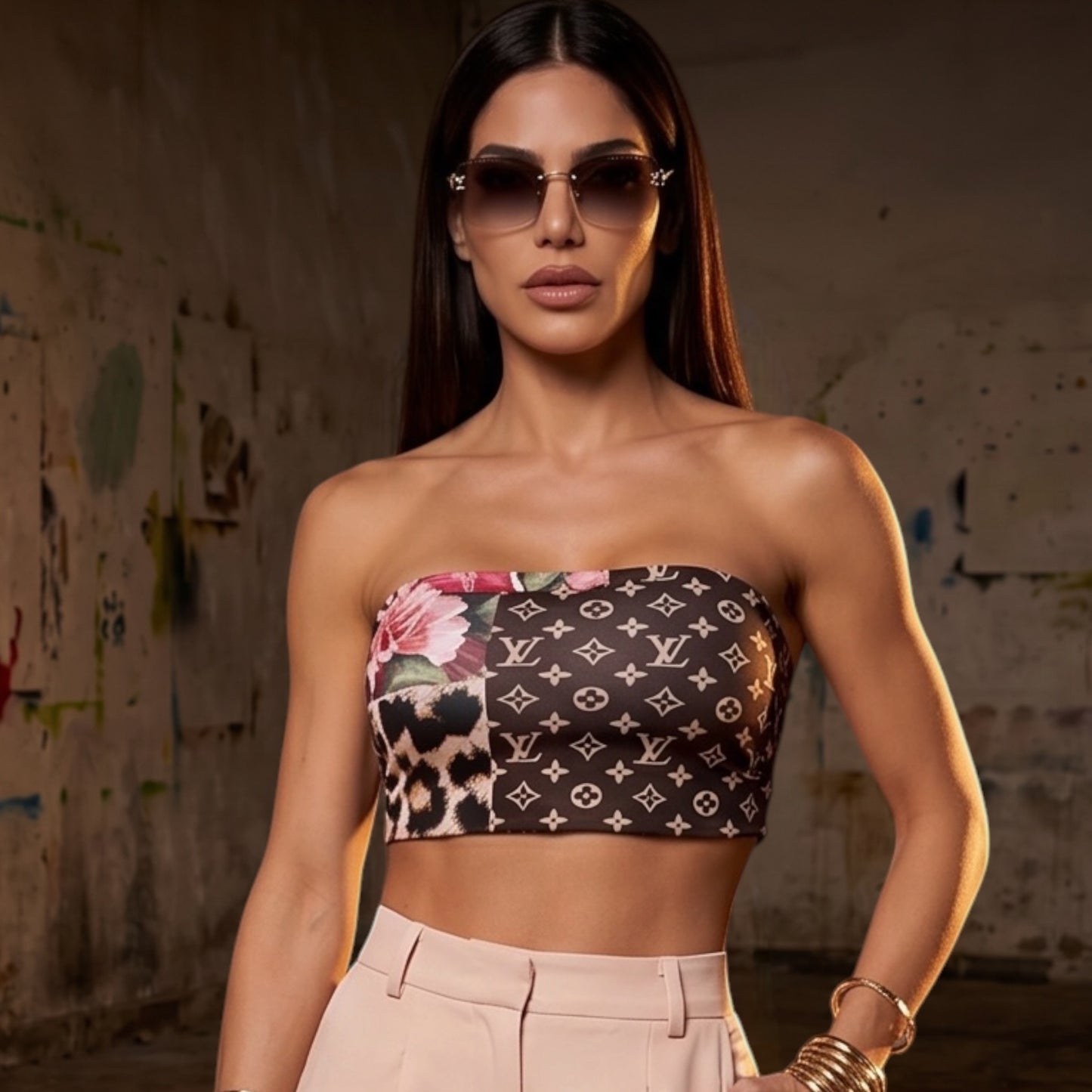 Top strapless de lycra elastizada con estampado exclusivo combinado para mujer, pieza única talle S/M en liquidación Paola Santos.